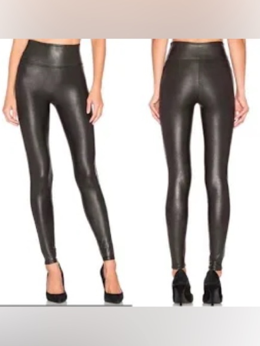 SPANX black high rise faux leather leggings, glossy finish. Size L.